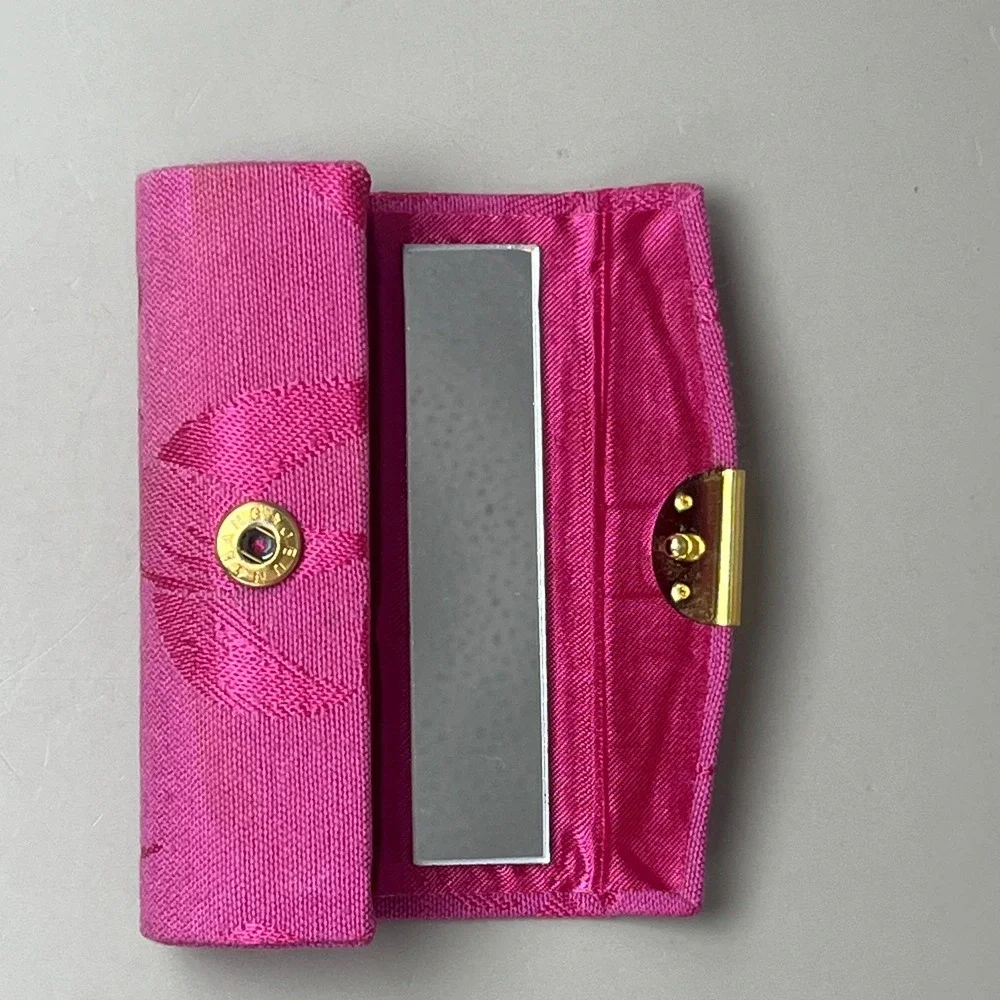 Mary Kay Pink Floral Fabric Lipstick Case Mirror Gold Tone Hardware 3.5